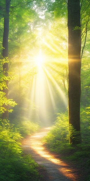 fotopad midden tussen de groengebladerde bomen met de zon die door de takken schijnt