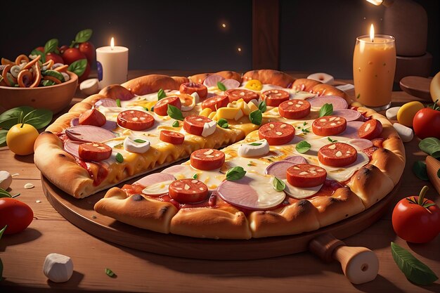 Fotoplakken van pizza met mozarellakaastomaten en olijven op houten bordgeneratieve ai