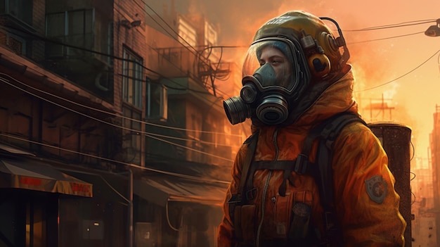 Fotoportret van brandweerman met gasmasker en helm met rook en vuur op de achtergrond