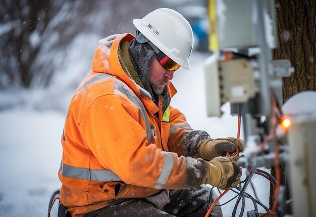 Fotoportret van de bepaling van een handmatige elektrotechnisch ingenieur tijdens een zware sneeuwstorm