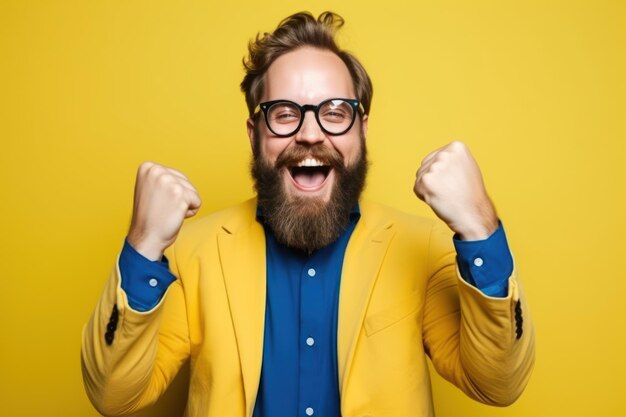 Foto fotoportret van een bebaarde man in een bril blauw pak gebarend als winnaar geïsoleerd felgeel c