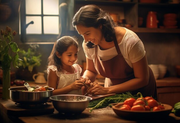 Foto fotoportret van een jonge moeder en haar kleine dochter die samen in de keuken koken