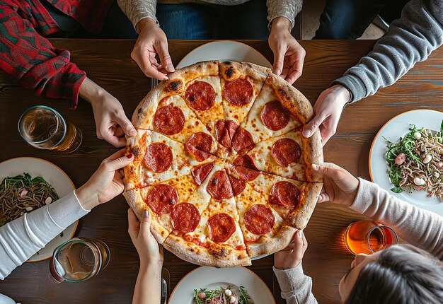 Fotoportret van gelukkige jonge mensenvrouwvrienden die heerlijke pizza eten