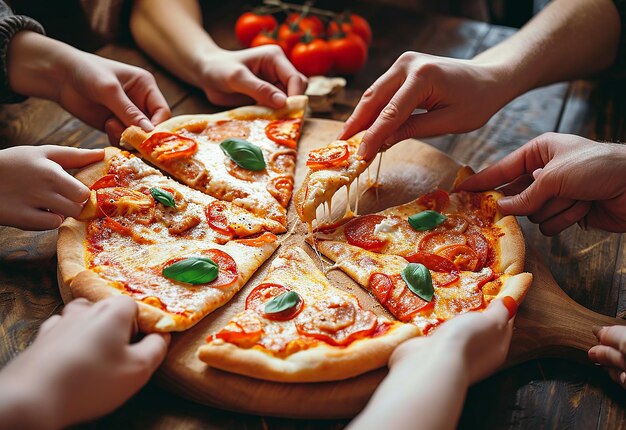 Fotoportret van gelukkige jonge mensenvrouwvrienden die heerlijke pizza eten