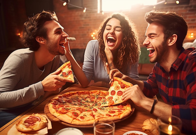 Fotoportret van jonge hongerige vriendinnen die samen pizza eten