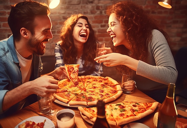 Fotoportret van jonge hongerige vriendinnen die samen pizza eten