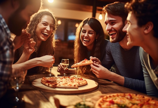 Fotoportret van jonge hongerige vriendinnen die samen pizza eten