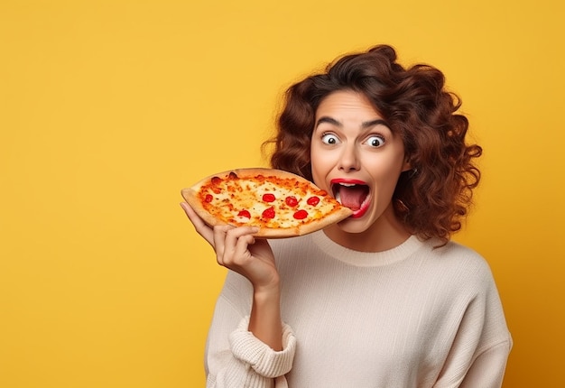 Fotoportret van jonge hongerige vriendinnen die samen pizza eten