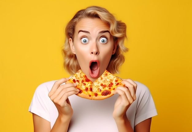 Fotoportret van jonge hongerige vriendinnen die samen pizza eten