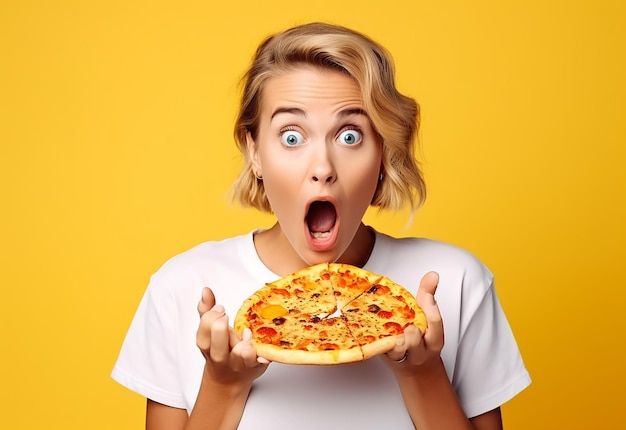 Fotoportret van jonge hongerige vriendinnen die samen pizza eten