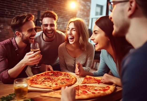 Fotoportret van jonge hongerige vriendinnen die samen pizza eten