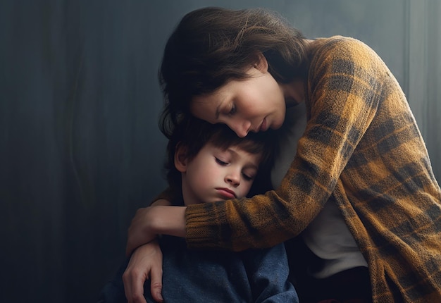 Fotoportret van moeder die haar liefhebbende zoon knuffelt