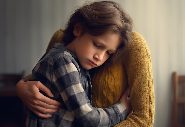 Fotoportret van moeder die haar liefhebbende zoon knuffelt