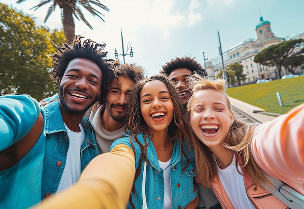 Fotoportret van vrolijk, liefdevol plezier waarbij internationale gelukkige vrienden samenkomen