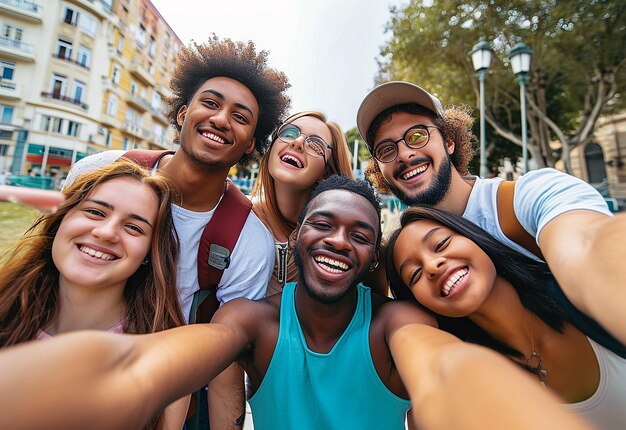 Fotoportret van vrolijk, liefdevol plezier waarbij internationale gelukkige vrienden samenkomen