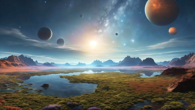 Fotorealistisch beeld van een buitenaards landschap