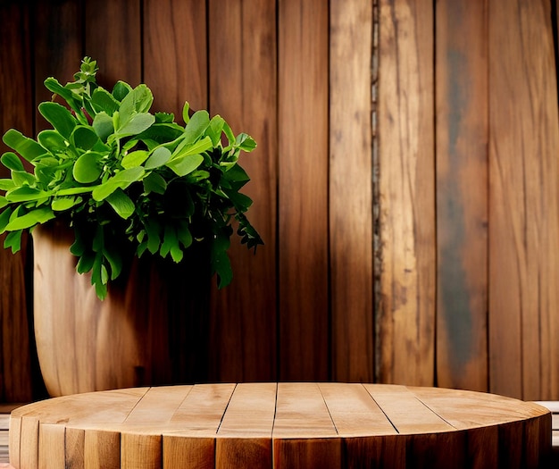 fotorealistisch houten podiumplatform met een plant en een houten muurachtergrond