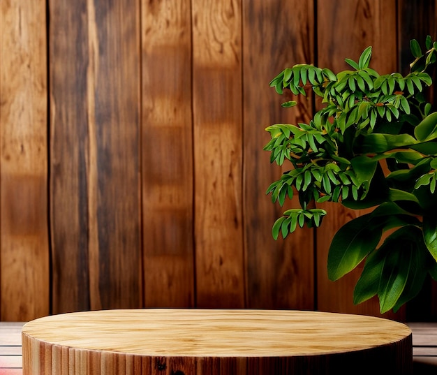 fotorealistisch houten podiumplatform met een plant en een houten muurachtergrond