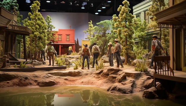 Foto fotorealistisch museumdiorama van western cowboys in westernstad met nepboom