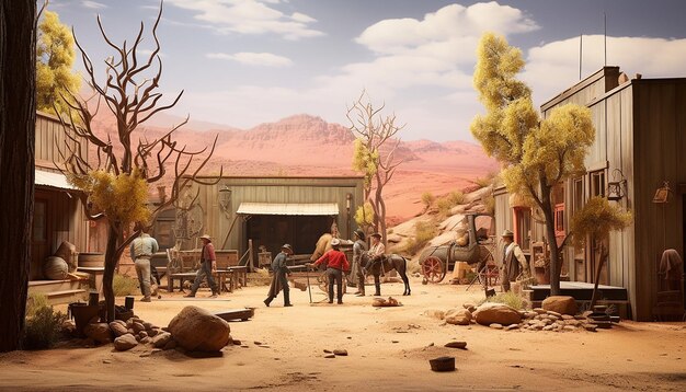 Fotorealistisch museumdiorama van WESTERN COWBOYS IN westernstad met nepboom
