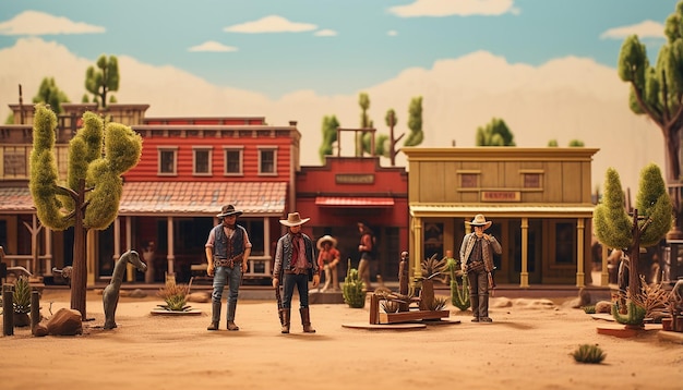 Foto fotorealistisch museumdiorama van western cowboys in westernstad met nepboom