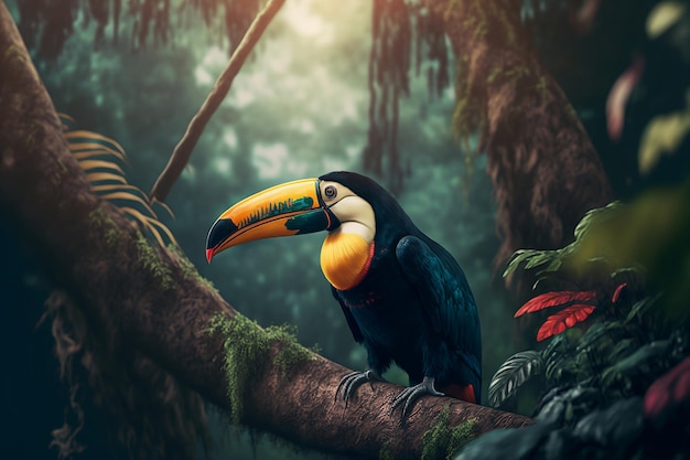 fotorealistisch Portret gekleurde tropische toekan, bos op de achtergrond Generatieve ai