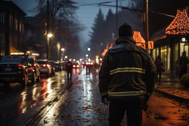 fotorealistisch van een dienstdoende politieman die van achteren over de weg loopt