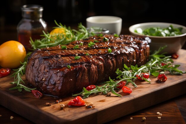 fotorealistische gegrilde filet mignon onder bbq saus op houten snijplank met verse arugula en de kleine tomaten