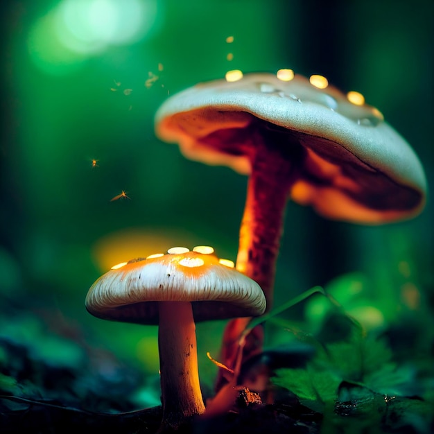 Fotorealistische grafische weergave van paddenstoelen met lichtgevende doppen