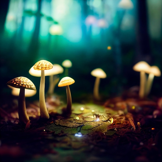 Fotorealistische grafische weergave van paddenstoelen met lichtgevende doppen