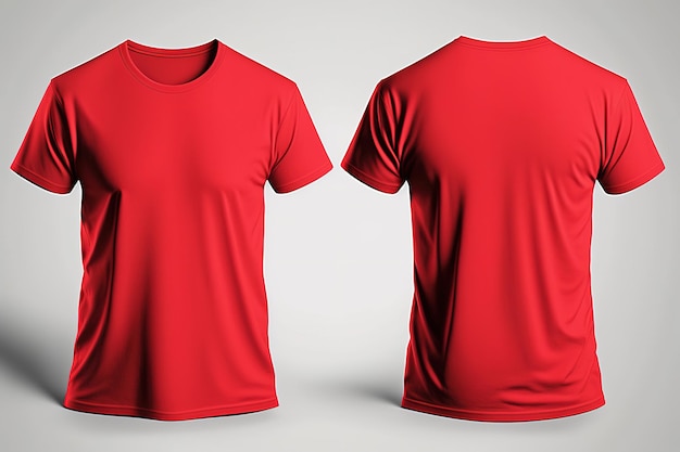 Fotorealistische mannelijke rode t-shirts met kopieerruimte voor- en achteraanzicht