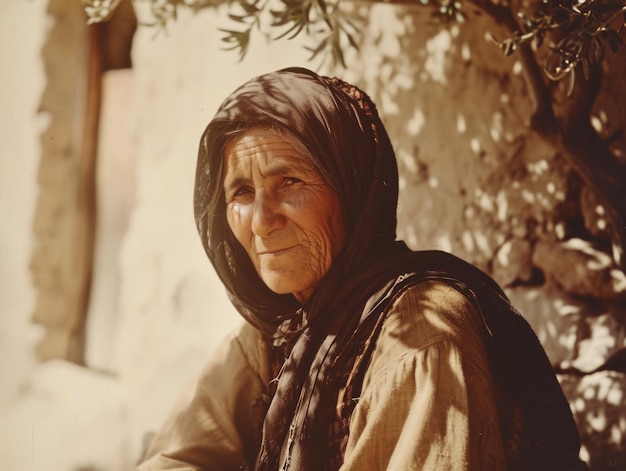 Fotorealistische oude Perzische vrouw met bruin steil haar vintage illustratie