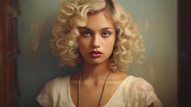 Fotorealistische tiener Indiase vrouw met blond krullend haar retro illustratie