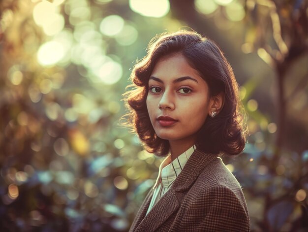 Fotorealistische tiener Indiase vrouw met bruin steil haar vintage illustratie