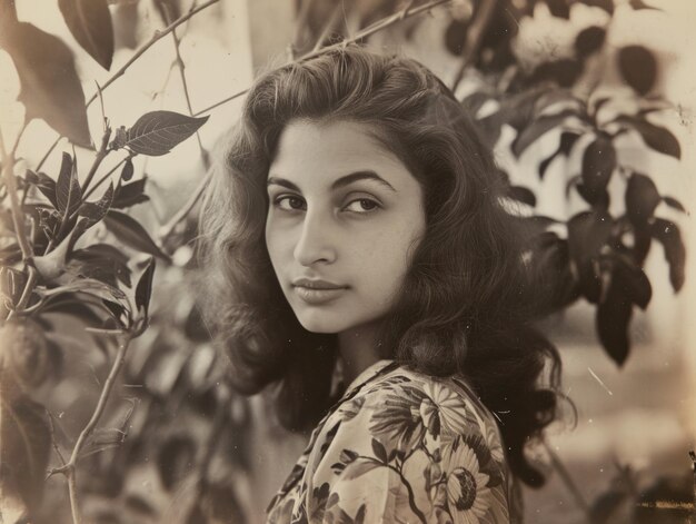Fotorealistische tiener Perzische vrouw met bruin recht haar vintage illustratie