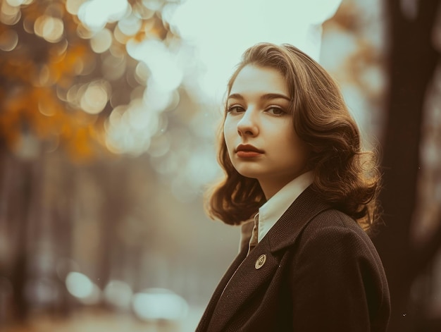 Fotorealistische tiener witte vrouw met bruin recht haar vintage illustratie