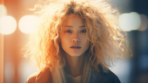 Fotorealistische volwassen Chinese vrouw met blond krullend haar futuristische illustratie