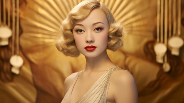 Fotorealistische volwassen Chinese vrouw met blond recht haar retro illustratie