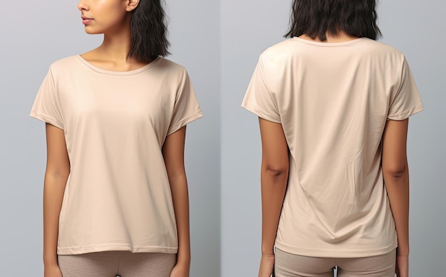 Fotorealistische vrouwelijke beige t-shirts met kopieerruimte voor- en achteraanzicht