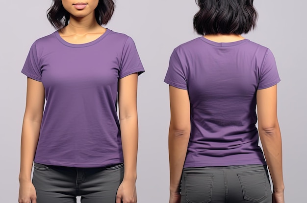Fotorealistische vrouwelijke paarse t-shirts met kopieerruimte voor- en achteraanzicht