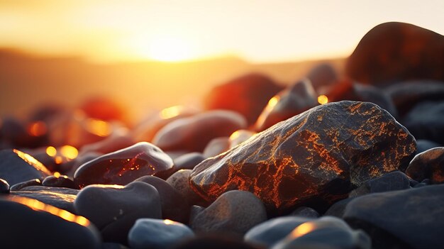 Fotorealistische zonsondergang over rotsen op het strand Een gedetailleerde Terragen-weergave