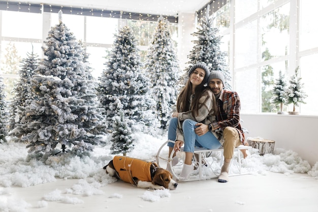Fotoshoot in de studio van een jong stel Echtpaar met hun hond Een man met een meisje viert het liefdesverhaal van Kerstmis en het nieuwe jaar