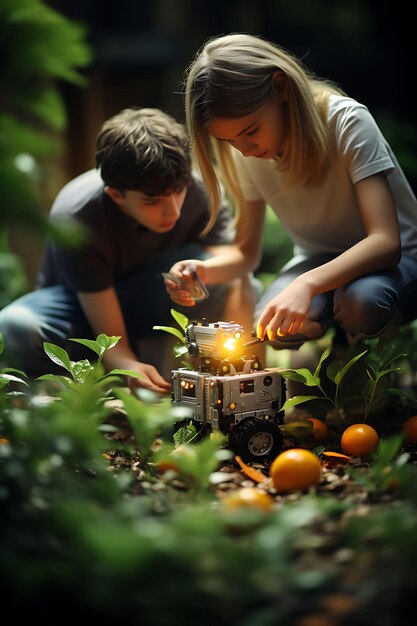 Foto fotoshoot met tilt-shift-stijl van broers en zussen die een band hebben met een huishouden r