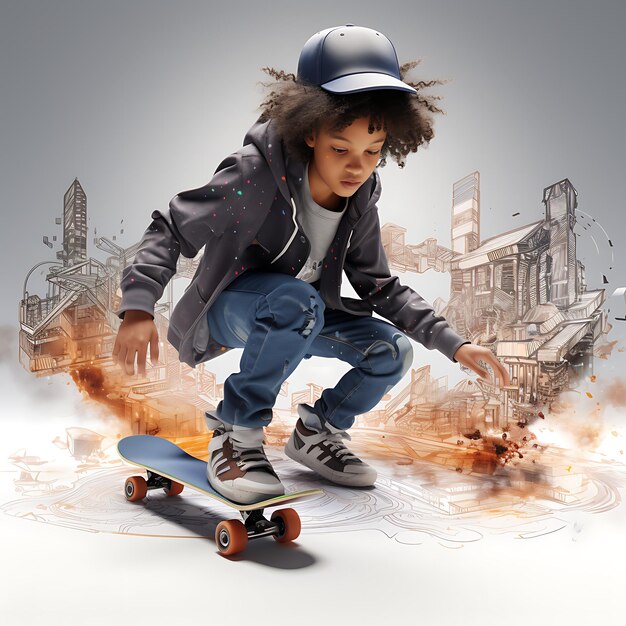 Fotoshoot van 3D-weergave met toekomstige scène van een kind dat zijn droom Skatepark U creëert
