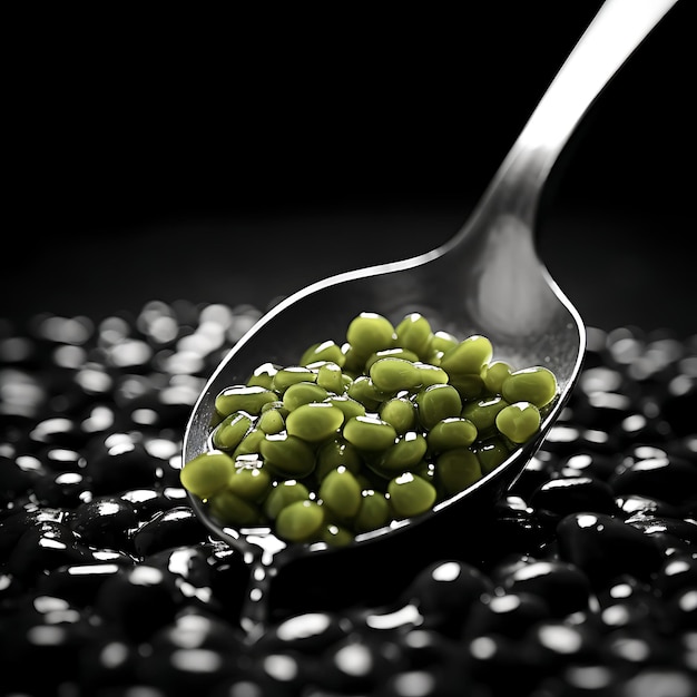 Fotoshoot van bonen en lepels op witte achtergrond Voedzame ingrediënten voor gezonde maaltijden