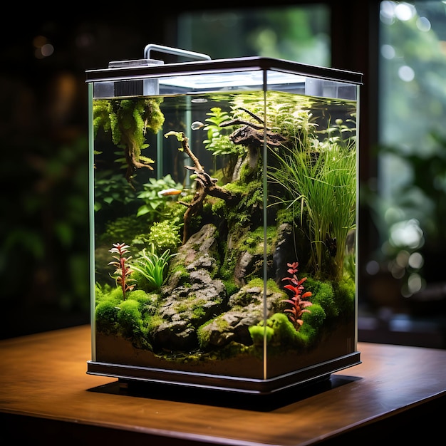 Fotoshoot van Cube Tank Gouramis van 37 gallon en weelderig groen Java Moss en Aqua Conceptidee-indeling