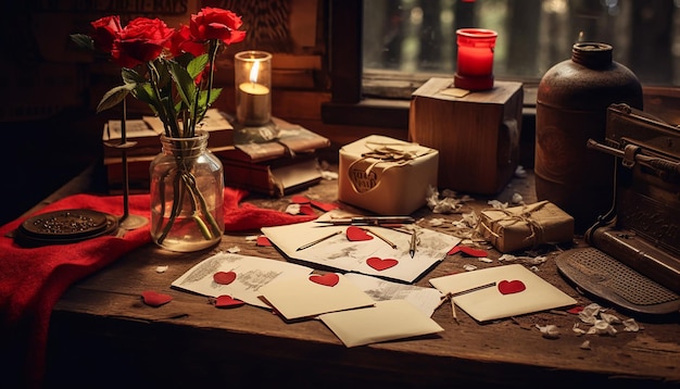 Foto fotoshoot van handgeschreven liefdesbrieven en vintage valentijnsdagkaarten verspreid over een tafel