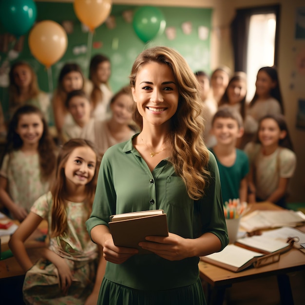 Fotostudenten begroeten hun leraar in de klas voor het generatieve ai-concept van de lerarendag