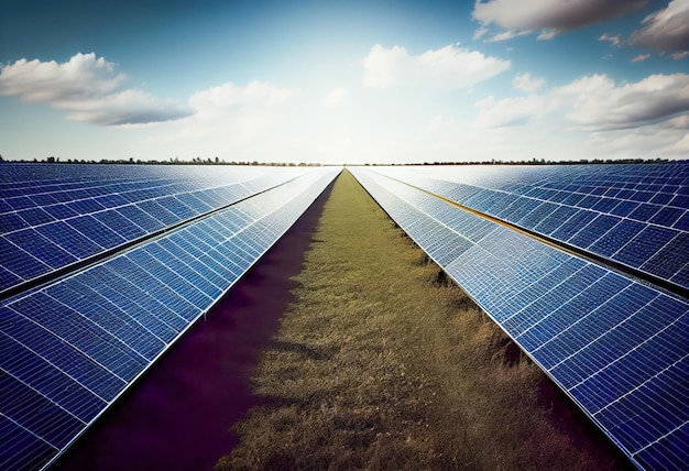 Fotovoltaïsch zonnepaneel station over blauwe hemel Generatieve AI