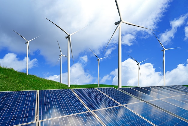 Fotovoltaïsche cel van het zonne-energiepaneel en de stroomgenerator van het windturbinelandbouwbedrijf in aardlandschap.